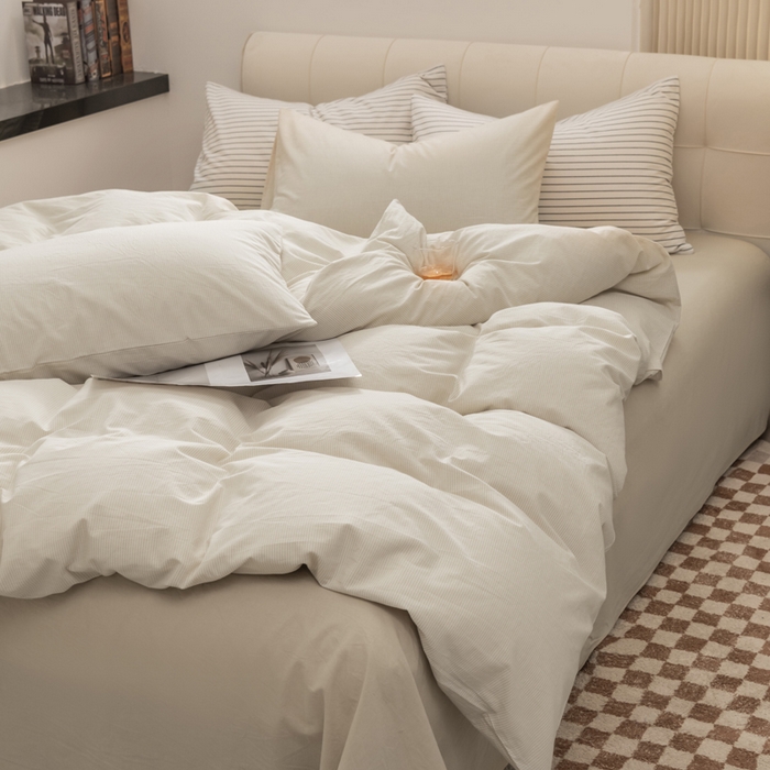 91家纺网 家纺一手货源 找家纺 柠萌家居 2026新款色织水洗棉四件套单被套 米极细条