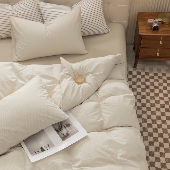 91家纺网 家纺一手货源 找家纺 柠萌家居 2026新款色织水洗棉四件套单被套 米极细条