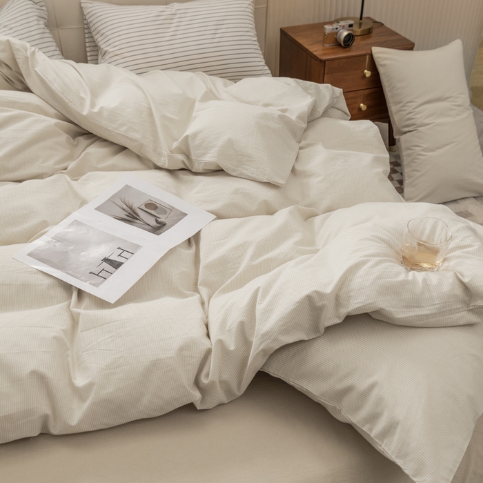 91家纺网 家纺一手货源 找家纺 柠萌家居 2026新款色织水洗棉四件套单被套 米极细条