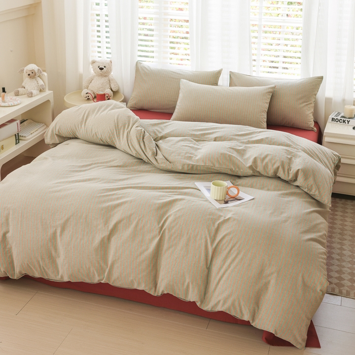 91家纺网 家纺一手货源 找家纺 柠萌家居 2026新款色织水洗棉四件套单被套 驼红条