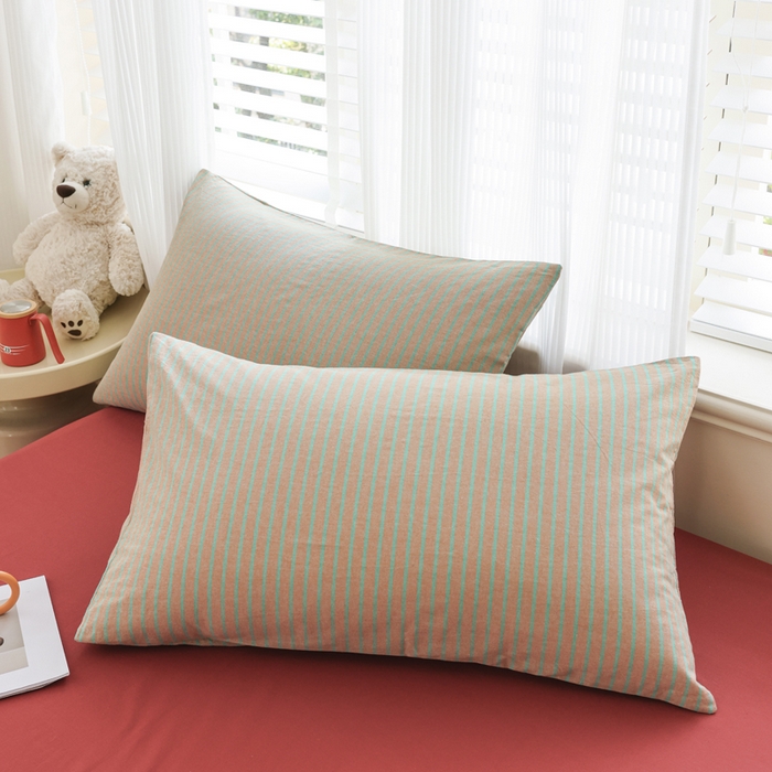 91家纺网 家纺一手货源 找家纺 柠萌家居 2026新款色织水洗棉四件套单被套 驼红条