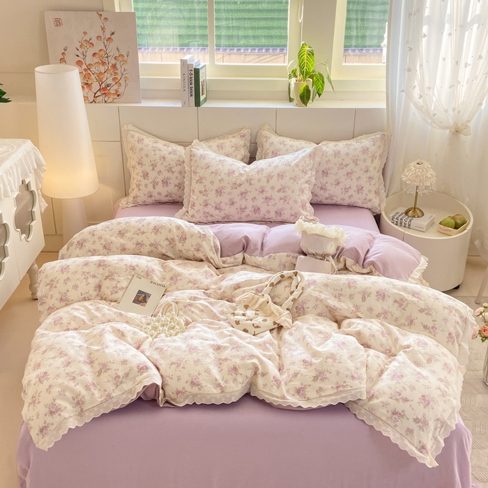 91家纺网 家纺一手货源 找家纺 红淳家纺 2026新款全棉A类双层纱四件套 紫纱-米