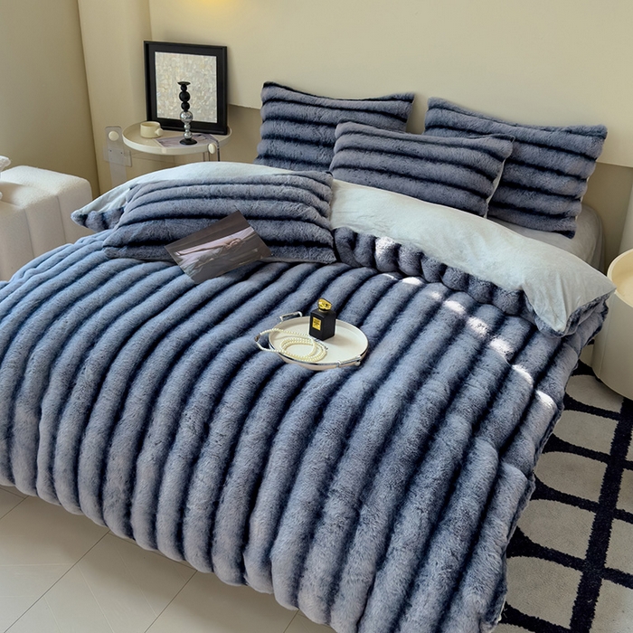 91家纺网 家纺一手货源 找家纺 欣宜家纺 2025新款兔兔绒牛奶绒加厚兔毛保暖四件套 蓝灰