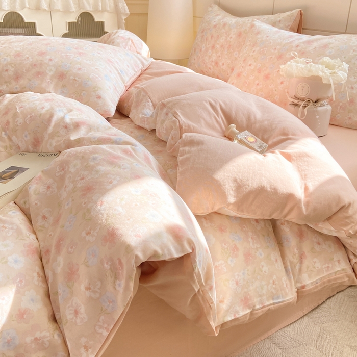 91家纺网 家纺一手货源 找家纺 红淳家纺 2026新款全棉A类双层纱四件套 清桃