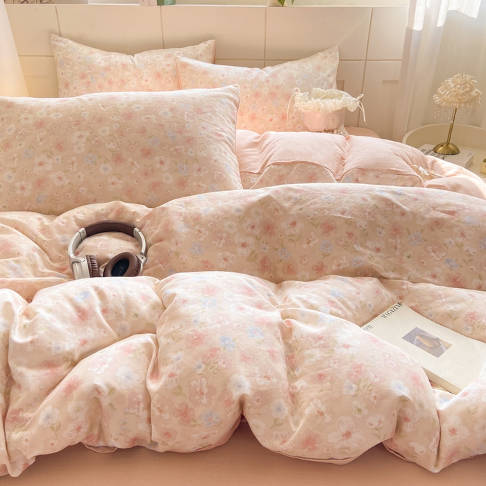 91家纺网 家纺一手货源 找家纺 红淳家纺 2026新款全棉A类双层纱四件套 清桃