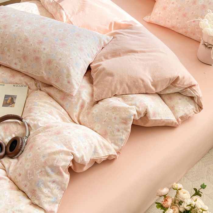 91家纺网 家纺一手货源 找家纺 红淳家纺 2026新款全棉A类双层纱四件套 清桃