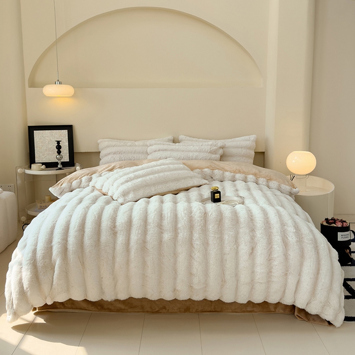 欣宜家纺 2025新款兔兔绒牛奶绒加厚兔毛保暖四件套 米白