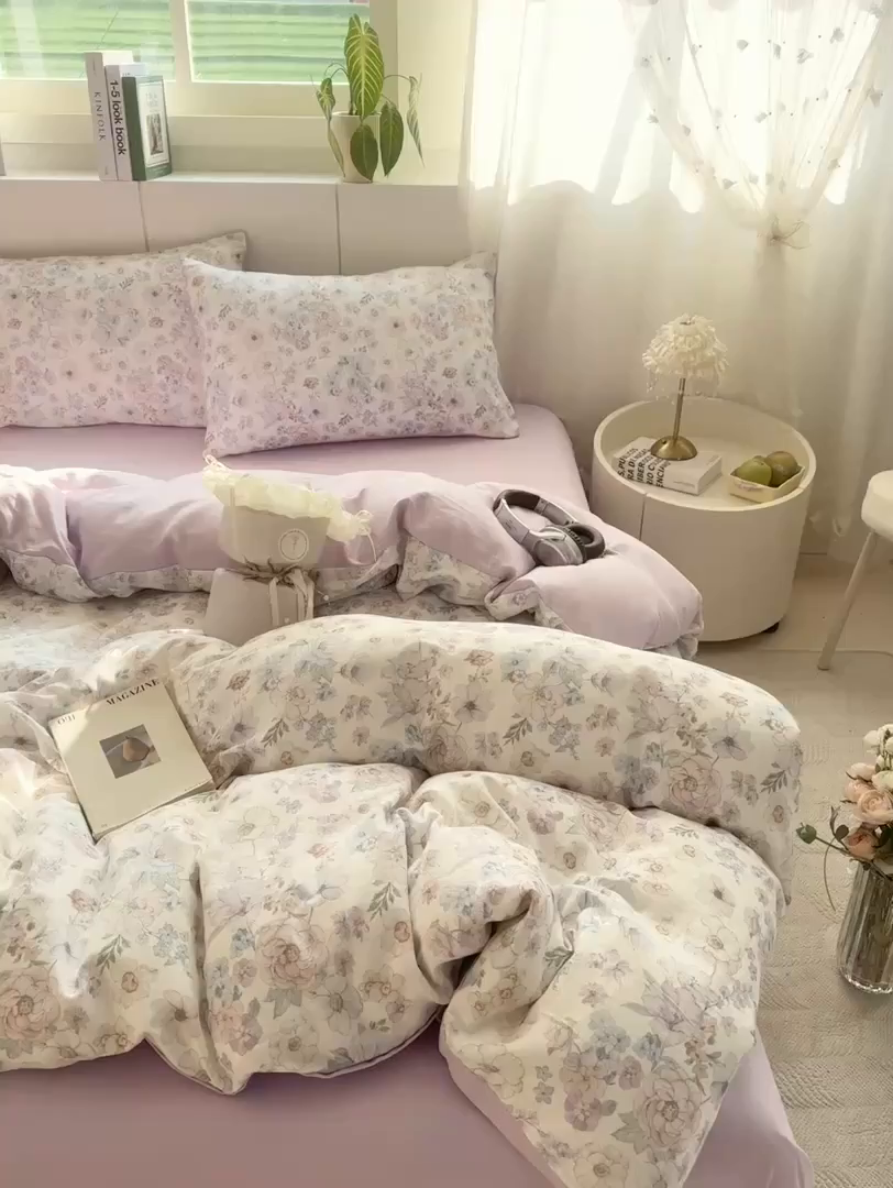 91家纺网 家纺一手货源 找家纺 红淳家纺 2026新款全棉A类双层纱四件套 花漾