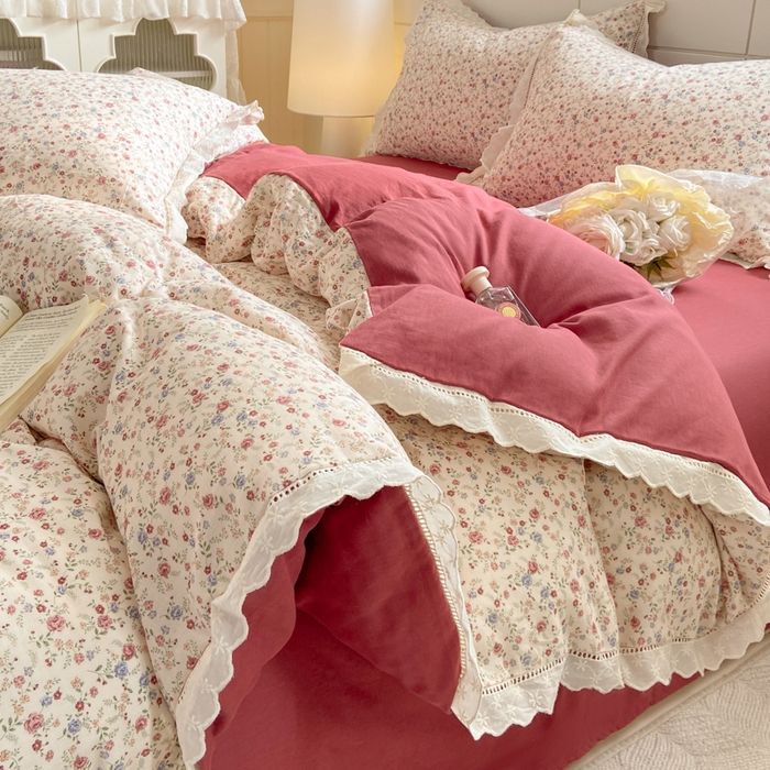 91家纺网 家纺一手货源 找家纺 红淳家纺 2026新款全棉A类双层纱四件套 洛神玫瑰