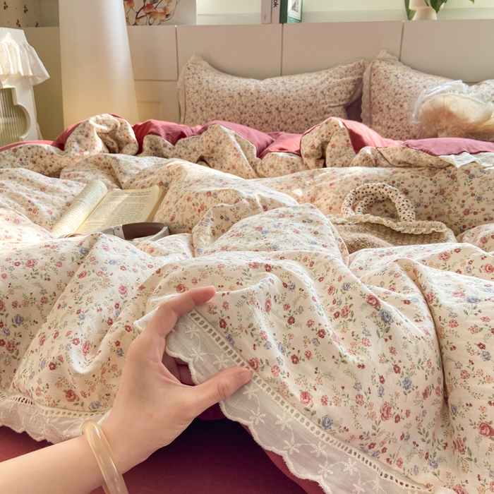 91家纺网 家纺一手货源 找家纺 红淳家纺 2026新款全棉A类双层纱四件套 洛神玫瑰