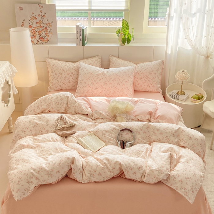 红淳家纺 2026新款全棉A类双层纱四件套 秘境花园-粉