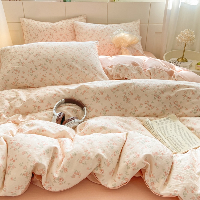 91家纺网 家纺一手货源 找家纺 红淳家纺 2026新款全棉A类双层纱四件套 秘境花园-粉