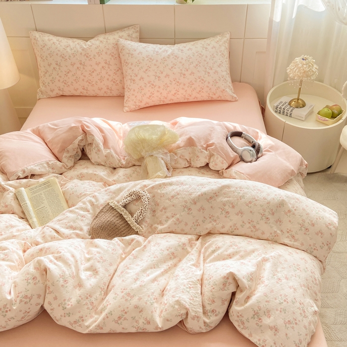 91家纺网 家纺一手货源 找家纺 红淳家纺 2026新款全棉A类双层纱四件套 秘境花园-粉