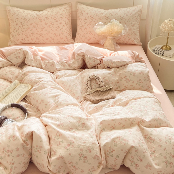 91家纺网 家纺一手货源 找家纺 红淳家纺 2026新款全棉A类双层纱四件套 秘境花园-粉