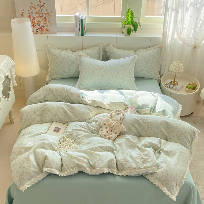 91家纺网 家纺一手货源 找家纺 红淳家纺 2026新款全棉A类双层纱四件套 秘境花园-绿