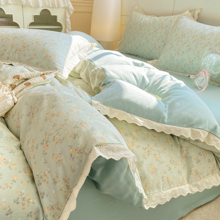 91家纺网 家纺一手货源 找家纺 红淳家纺 2026新款全棉A类双层纱四件套 秘境花园-绿