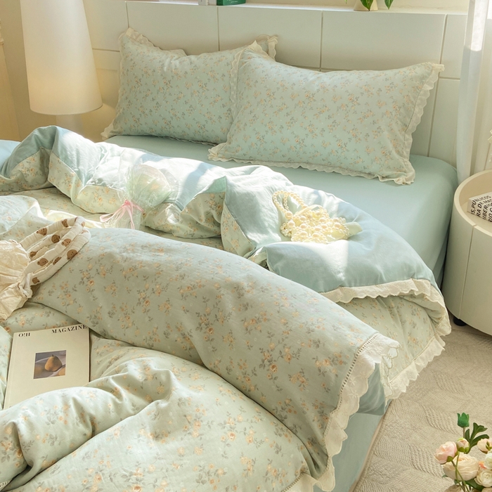 91家纺网 家纺一手货源 找家纺 红淳家纺 2026新款全棉A类双层纱四件套 秘境花园-绿