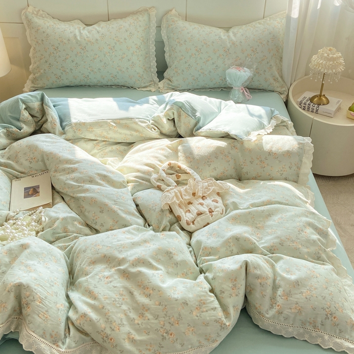 91家纺网 家纺一手货源 找家纺 红淳家纺 2026新款全棉A类双层纱四件套 秘境花园-绿