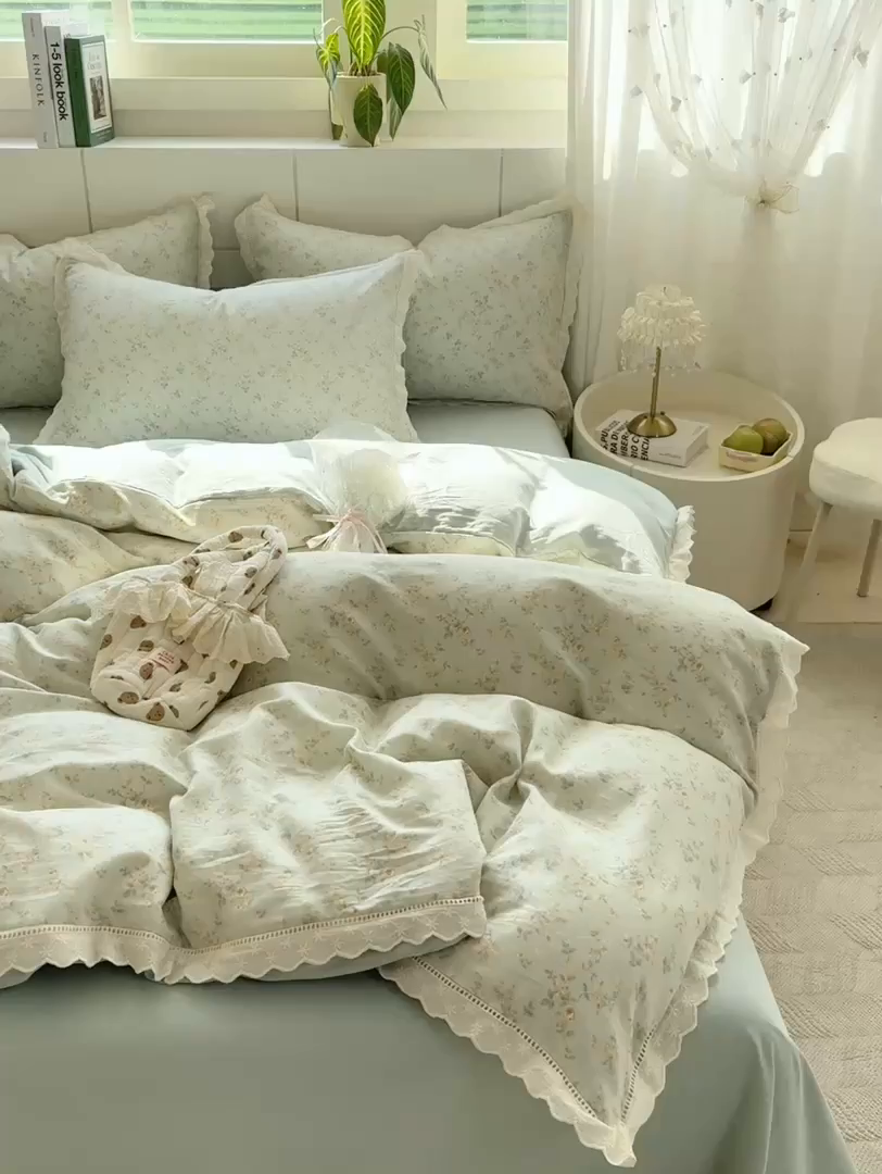 91家纺网 家纺一手货源 找家纺 红淳家纺 2026新款全棉A类双层纱四件套 秘境花园-绿