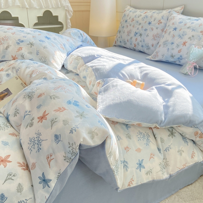 91家纺网 家纺一手货源 找家纺 红淳家纺 2026新款全棉A类双层纱四件套 枝蔓-蓝