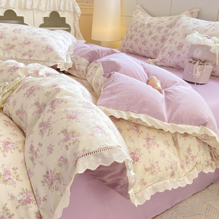 91家纺网 家纺一手货源 找家纺 红淳家纺 2026新款全棉A类双层纱四件套 紫纱-米