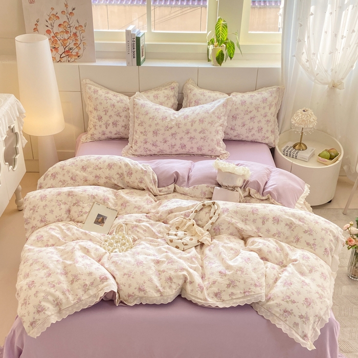 91家纺网 家纺一手货源 找家纺 红淳家纺 2026新款全棉A类双层纱四件套 紫纱-米