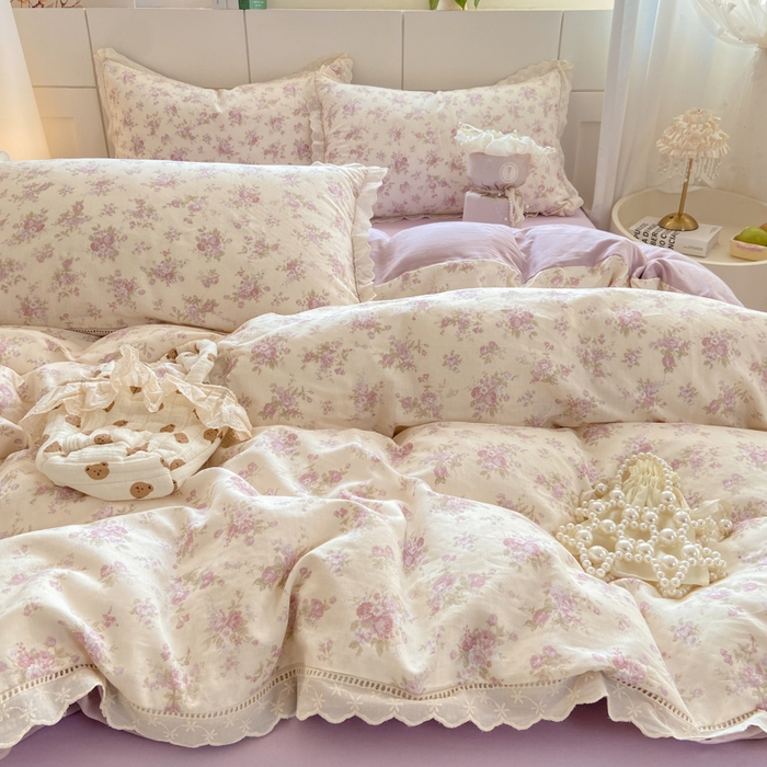 91家纺网 家纺一手货源 找家纺 红淳家纺 2026新款全棉A类双层纱四件套 紫纱-米