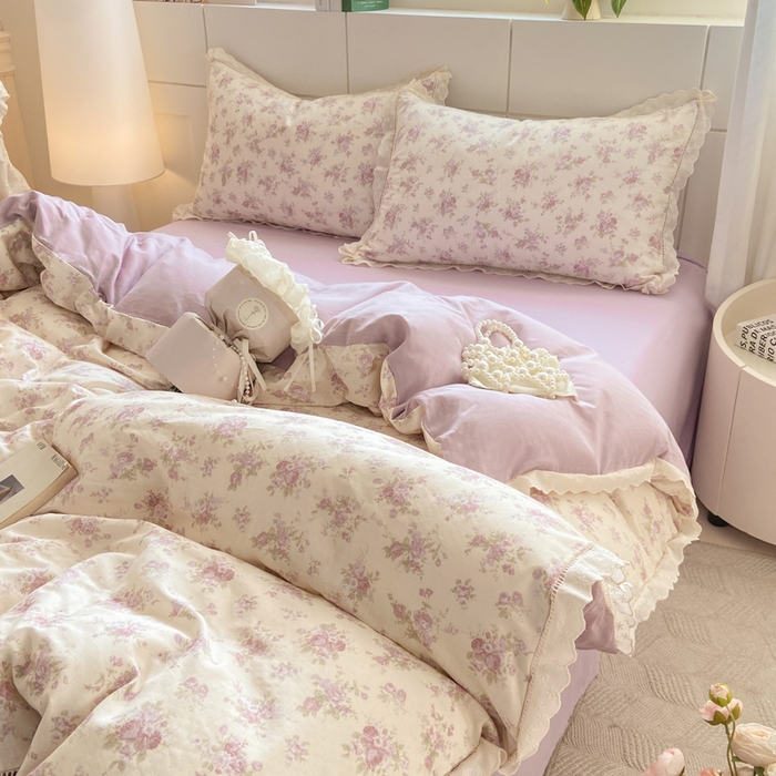 91家纺网 家纺一手货源 找家纺 红淳家纺 2026新款全棉A类双层纱四件套 紫纱-米