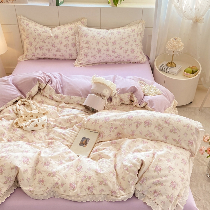 91家纺网 家纺一手货源 找家纺 红淳家纺 2026新款全棉A类双层纱四件套 紫纱-米