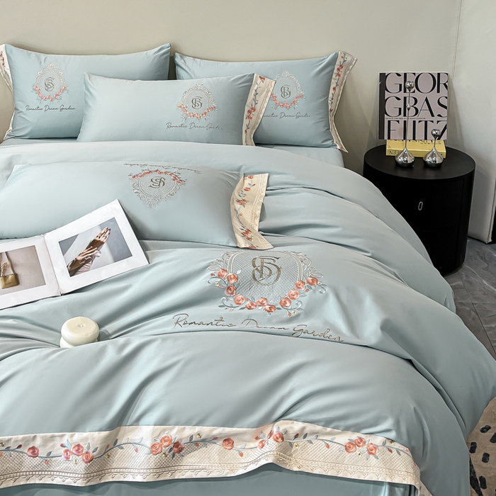 91家纺网 家纺一手货源 找家纺 （总）欣宜家纺 2025新款纯棉全棉长绒棉刺绣绣花四件套轻奢床上用品套件-叶语系列