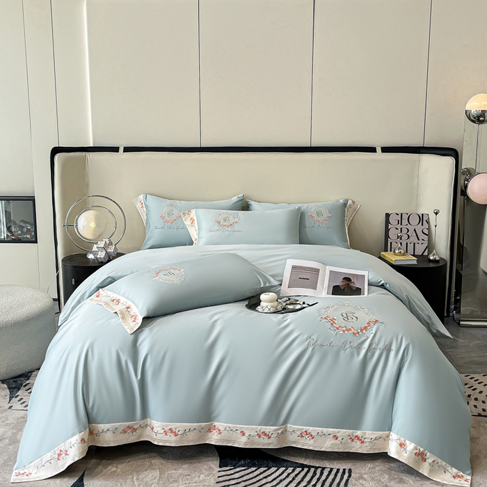 91家纺网 家纺一手货源 找家纺 欣宜家纺 2025新款纯棉全棉长绒棉刺绣绣花四件套轻奢床上用品套件-叶语系列 飘蓝