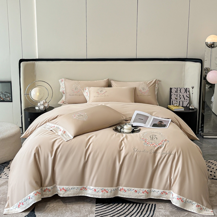 91家纺网 家纺一手货源 找家纺 欣宜家纺 2025新款纯棉全棉长绒棉刺绣绣花四件套轻奢床上用品套件-叶语系列 香槟金