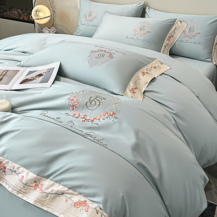 91家纺网 家纺一手货源 找家纺 欣宜家纺 2025新款纯棉全棉长绒棉刺绣绣花四件套轻奢床上用品套件-叶语系列 飘蓝