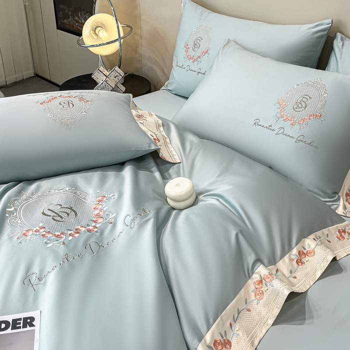 91家纺网 家纺一手货源 找家纺 欣宜家纺 2025新款纯棉全棉长绒棉刺绣绣花四件套轻奢床上用品套件-叶语系列 飘蓝