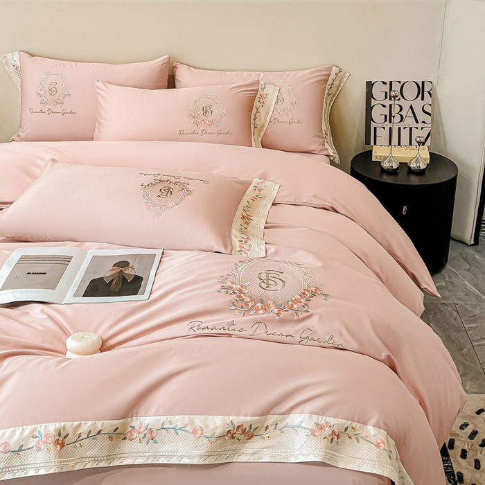 91家纺网 家纺一手货源 找家纺 欣宜家纺 2025新款纯棉全棉长绒棉刺绣绣花四件套轻奢床上用品套件-叶语系列 轻奢粉