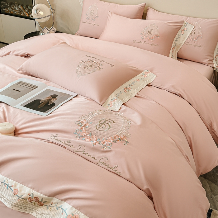 91家纺网 家纺一手货源 找家纺 欣宜家纺 2025新款纯棉全棉长绒棉刺绣绣花四件套轻奢床上用品套件-叶语系列 轻奢粉