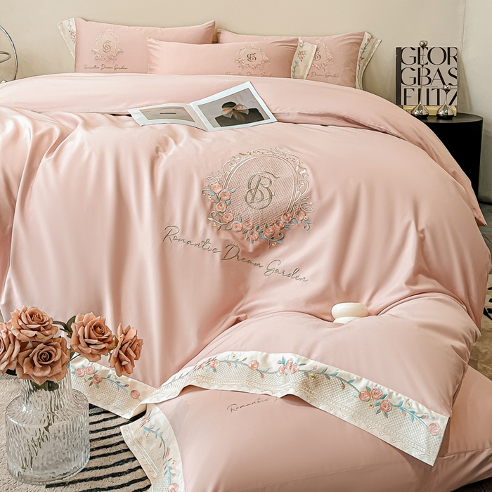 91家纺网 家纺一手货源 找家纺 欣宜家纺 2025新款纯棉全棉长绒棉刺绣绣花四件套轻奢床上用品套件-叶语系列 轻奢粉