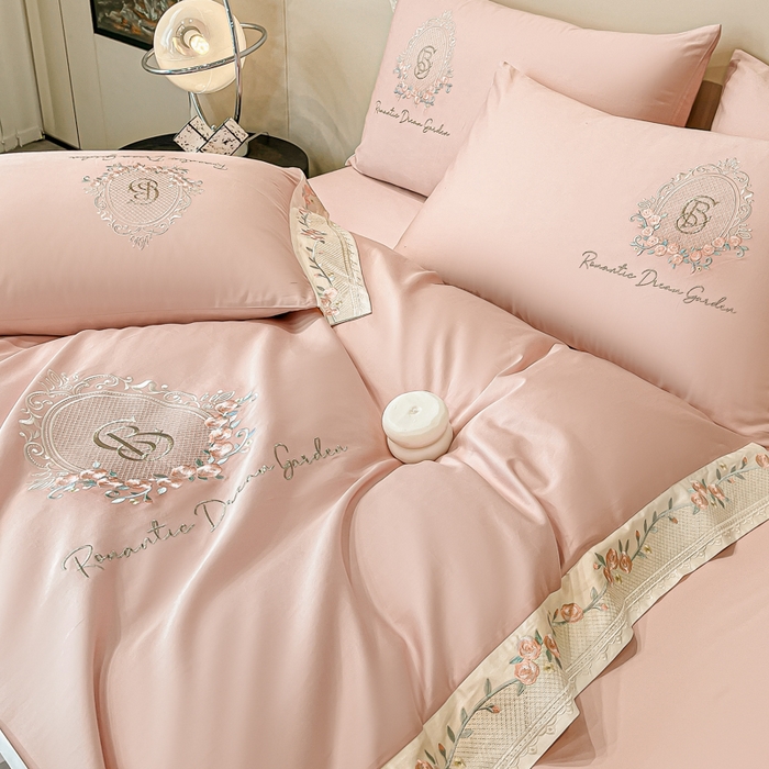 91家纺网 家纺一手货源 找家纺 欣宜家纺 2025新款纯棉全棉长绒棉刺绣绣花四件套轻奢床上用品套件-叶语系列 轻奢粉