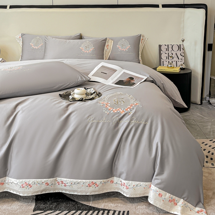 91家纺网 家纺一手货源 找家纺 欣宜家纺 2025新款纯棉全棉长绒棉刺绣绣花四件套轻奢床上用品套件-叶语系列 绅士灰