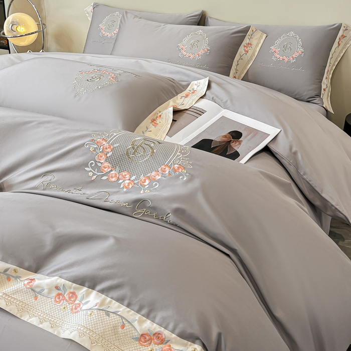 91家纺网 家纺一手货源 找家纺 欣宜家纺 2025新款纯棉全棉长绒棉刺绣绣花四件套轻奢床上用品套件-叶语系列 绅士灰