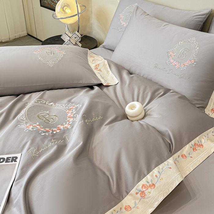 91家纺网 家纺一手货源 找家纺 欣宜家纺 2025新款纯棉全棉长绒棉刺绣绣花四件套轻奢床上用品套件-叶语系列 绅士灰