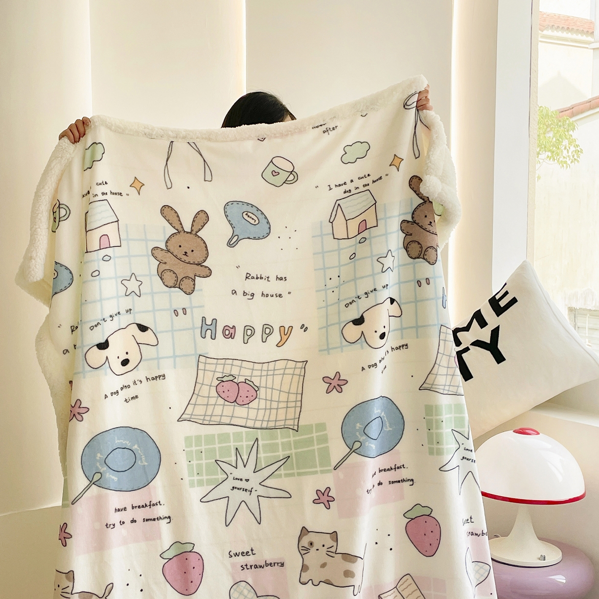 欣宜家纺 2025新款印花牛奶绒羊羔绒盖毯毛毯午休毯卡通多功能沙发毯 卡哇伊