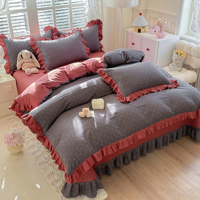 91家纺网 家纺一手货源 找家纺 韩约家纺 2026新款韩式花边古法棉感床盖四件套 初遇