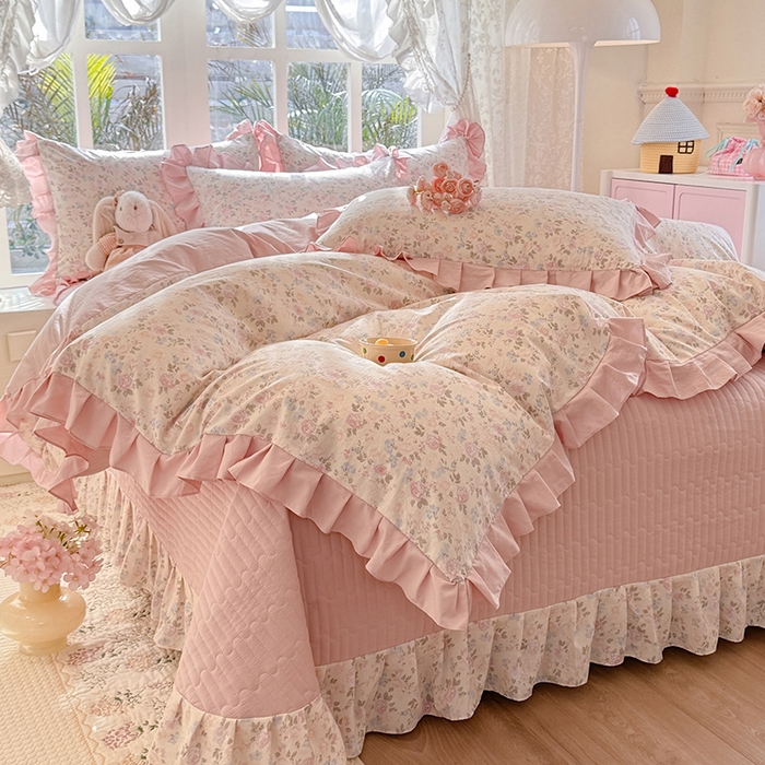 91家纺网 家纺一手货源 找家纺 韩约家纺 2026新款韩式花边古法棉感床盖四件套 花影