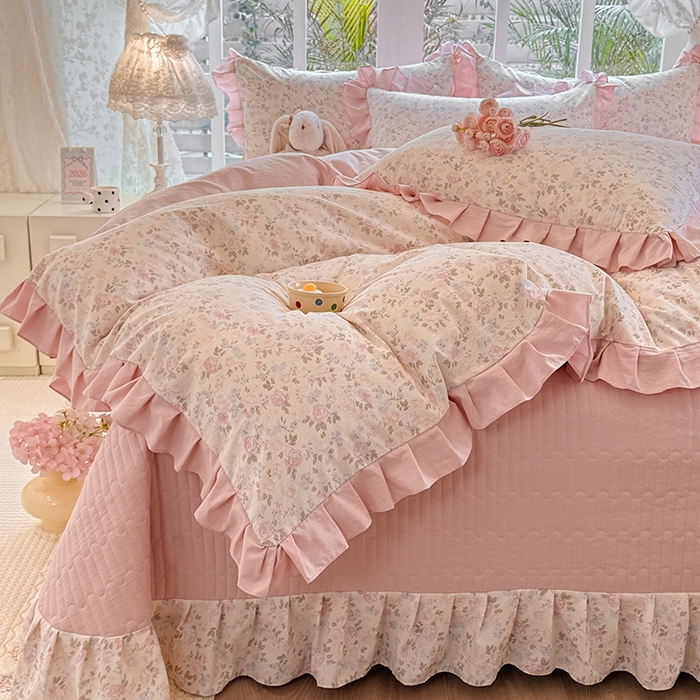 91家纺网 家纺一手货源 找家纺 韩约家纺 2026新款韩式花边古法棉感床盖四件套 花影