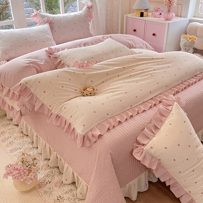 韩约家纺 2026新款韩式花边古法棉感床盖四件套 莓莓果