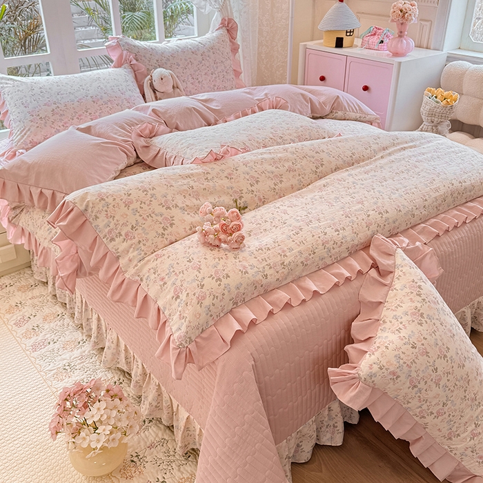 韩约家纺 2026新款韩式花边古法棉感床盖四件套 花影