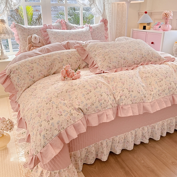 91家纺网 家纺一手货源 找家纺 韩约家纺 2026新款韩式花边古法棉感床盖四件套 花影