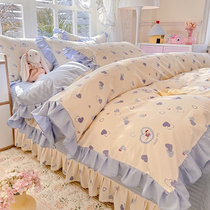 91家纺网 家纺一手货源 找家纺 韩约家纺 2026新款韩式花边古法棉感床盖四件套 甜心狗