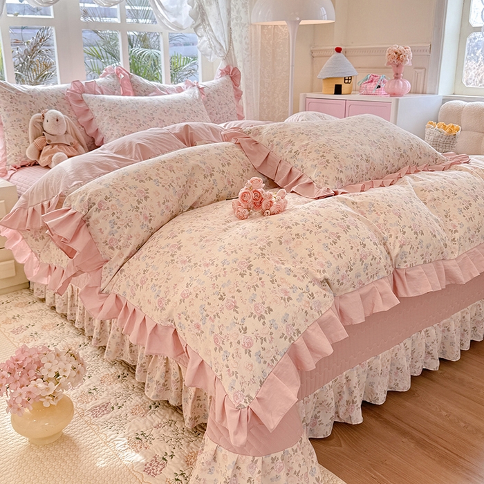 91家纺网 家纺一手货源 找家纺 韩约家纺 2026新款韩式花边古法棉感床盖四件套 花影